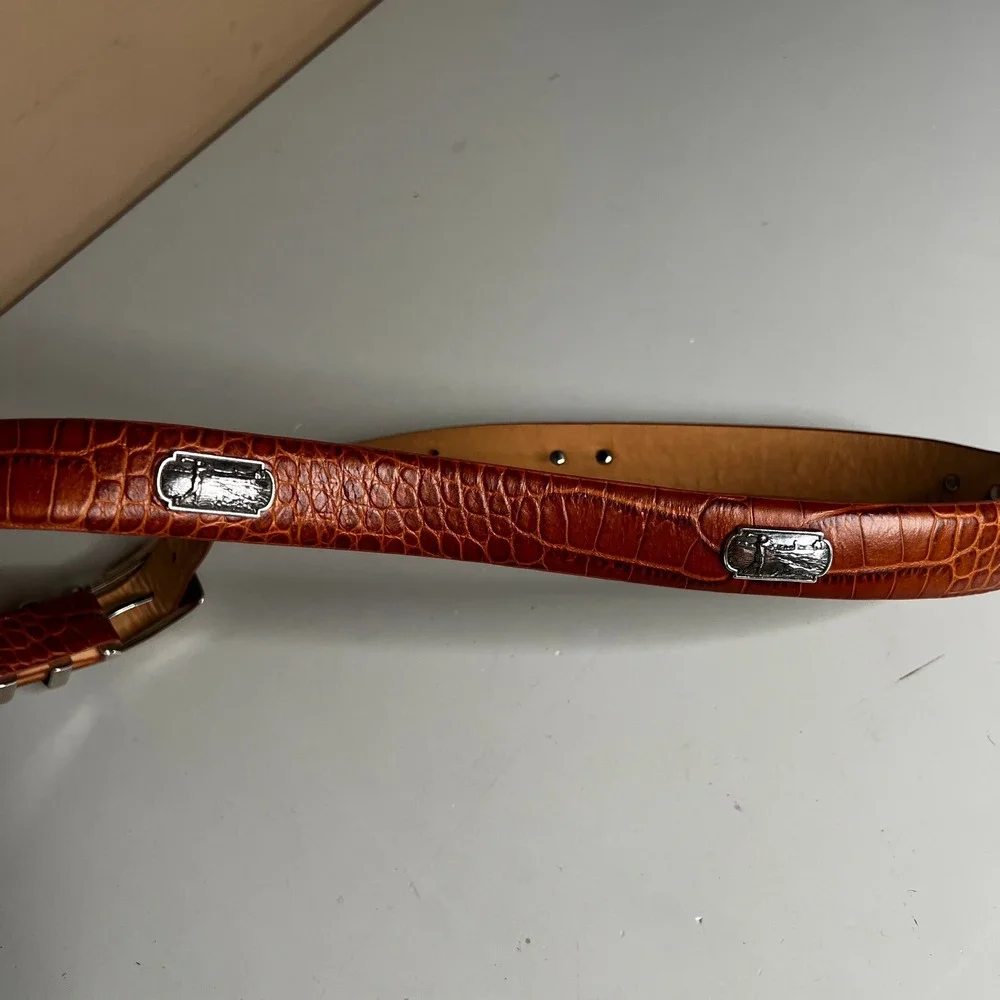 Genuine Italian Calfskin Cognac Croc Embossed Golf Concho Belt 38 Silver Buckle